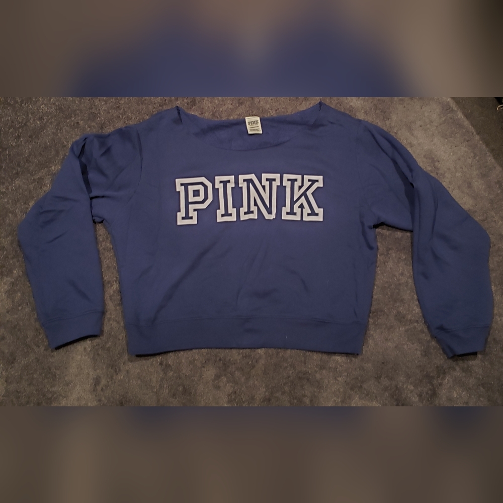 PINK Victoria's secret navy blue scoop neck fleese cropped sweatshirt - Picture 2 of 4